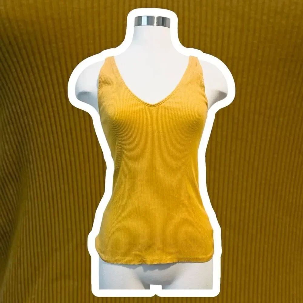 Express One Eleven Ribbed Knit V Neck Tank Top Yellow Mustard Small S